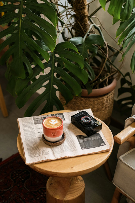 Coffee, camera, and plants create a cozy scene.